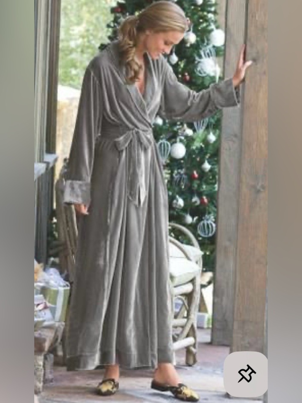 NWT Soft Surroundings Gray Taupe Velvet Wrap Robe Shawl Collar Long Belted Luxe